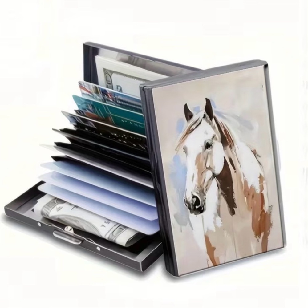Horse Print Accordion Card & Key Holder Wallet - White Brown